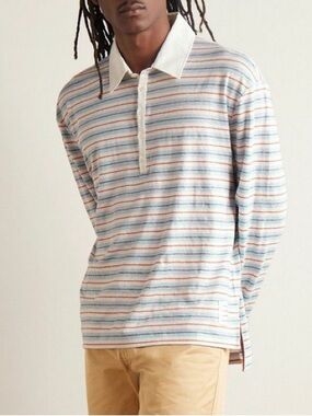 Thom Browne Mens Linen Striped Rugby Fit Polo Shirt Size 4 XL Blue Red White